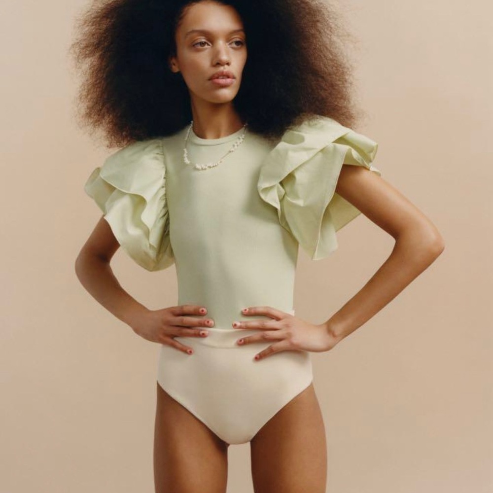 Green ruffle sleeve blouse body suit